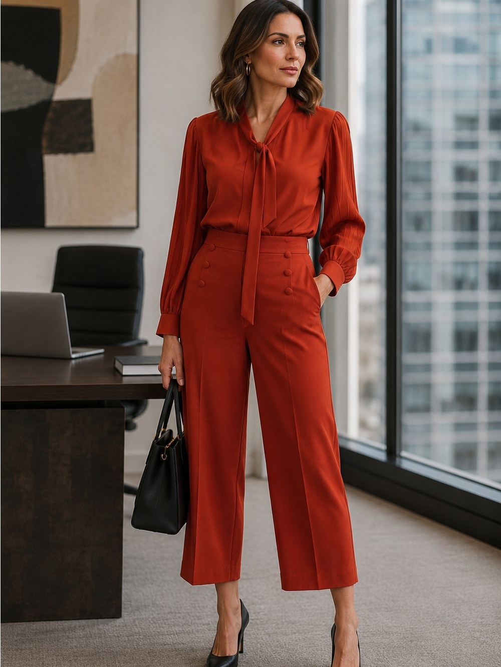 Joseph Ribkoff Rust Orange Two-Piece Tie-Neck Blouse & High-Waist Cropped Pants